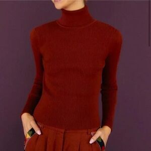 Farm Rio women Puff Sleeve Turtleneck Sweater size Medium Brown Fitted Knit $135